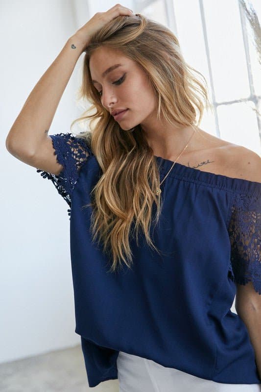 Midnight Blue Crochet Lace Off Shoulder Top - Avah Couture