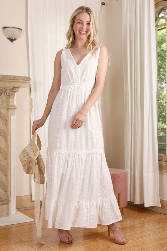 Precious Moments Embroidered Tiered Maxi Dress - White - AVAH