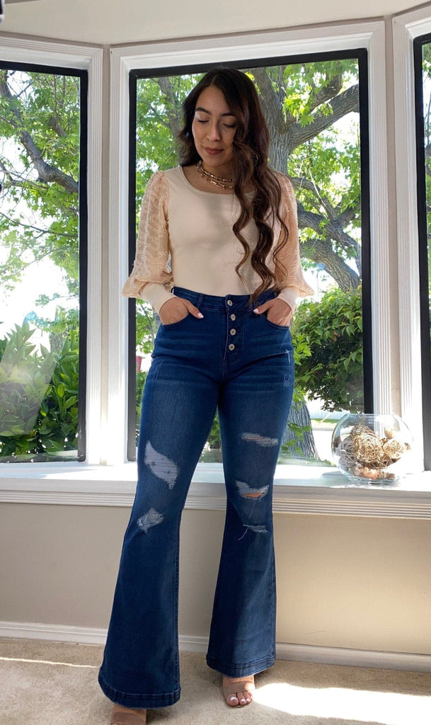 Sadie Mid-Rise Button Front Flare Denim - Avah Couture