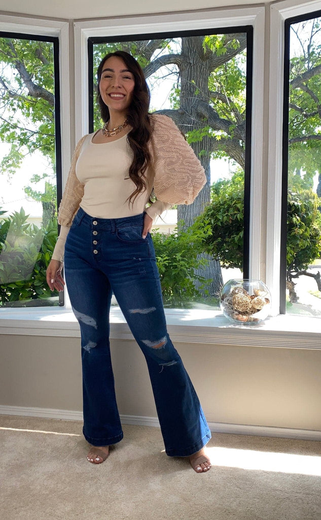 Sadie Mid-Rise Button Front Flare Denim - Avah Couture