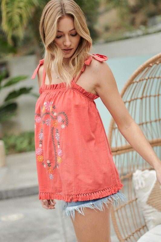 Summer Fun Embroidered Ruffle Tank Top - White or Red - Avah Couture