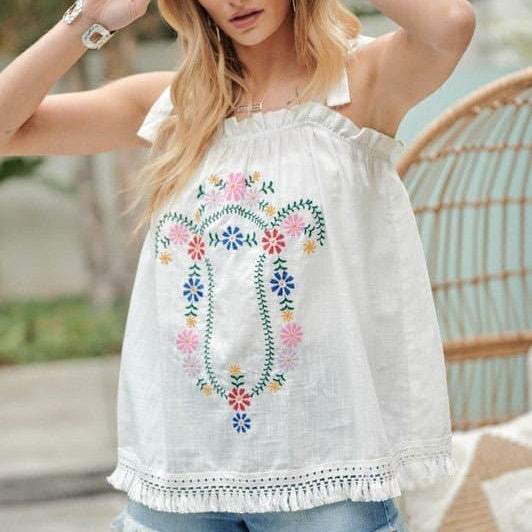 Summer Fun Embroidered Ruffle Tank Top - White or Red - Avah Couture