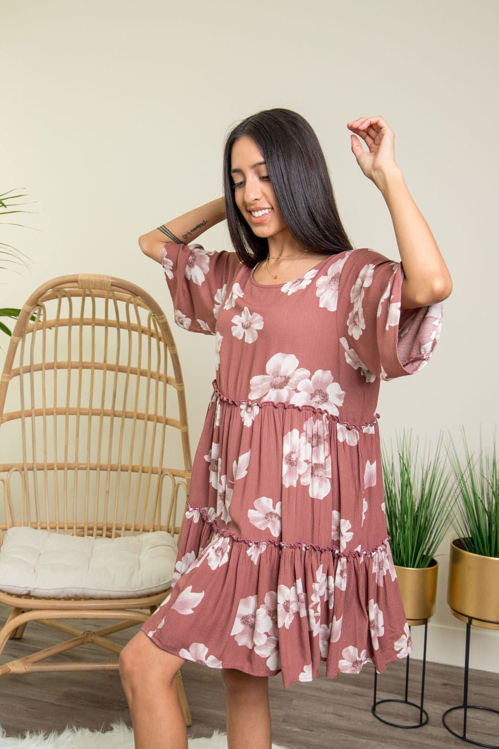 Summer Rose 3/4 Sleeve Ruffle Dress - AVAH