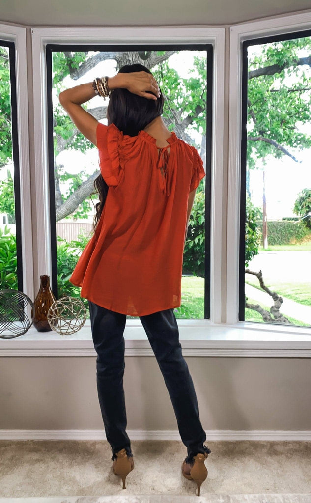 Sweet & Spicy Ruffled Drawstring V-Neck Top - Saffron - Avah Couture