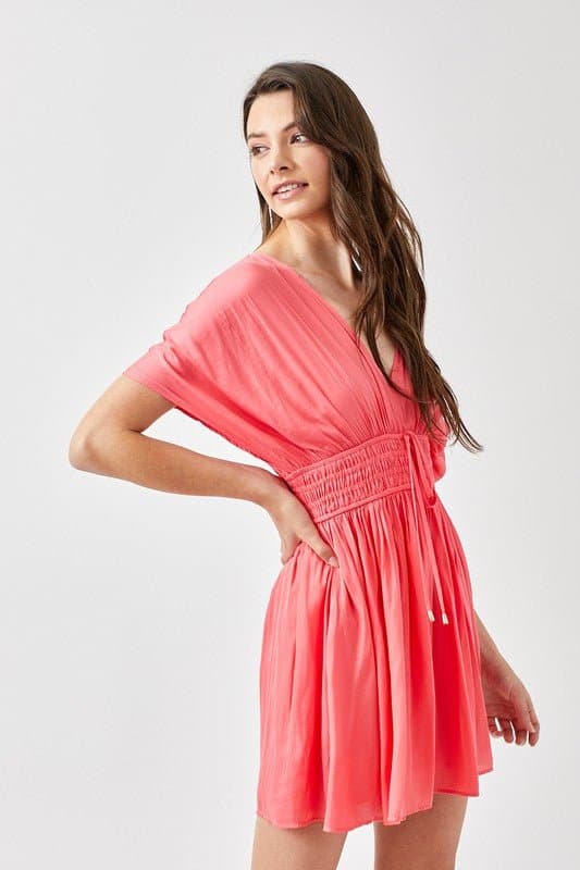 The Kimberly Smocked Waist Mini Dress - White or Coral - Avah Couture