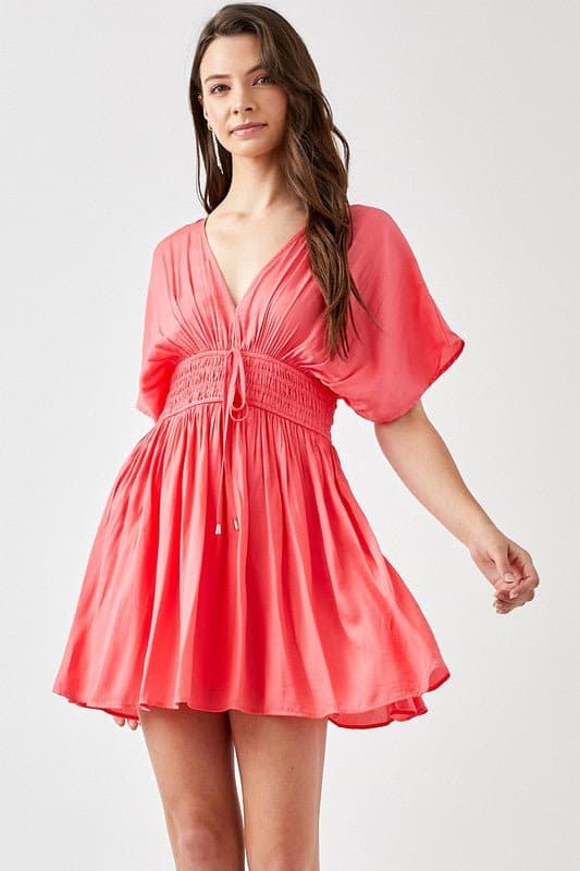 The Kimberly Smocked Waist Mini Dress - White or Coral - Avah Couture