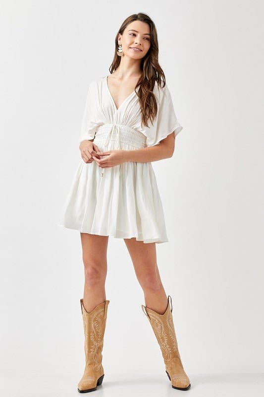 The Kimberly Smocked Waist Mini Dress - White or Coral - Avah Couture