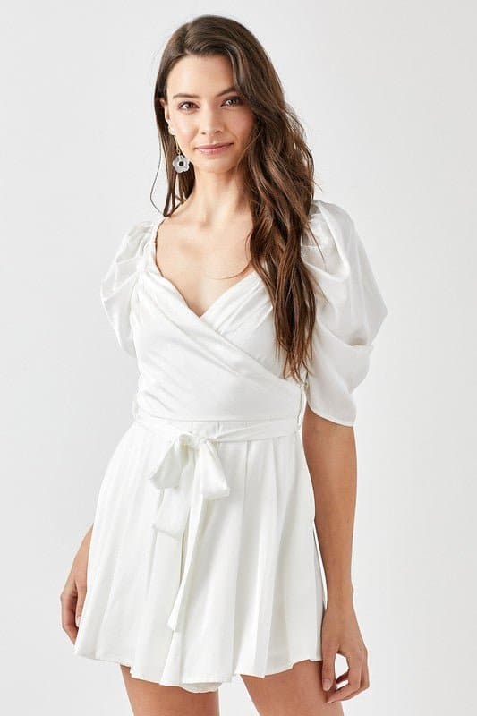 The Princess Pleated Puff Sleeve Romper - Off White - Avah Couture