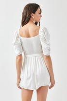 The Princess Pleated Puff Sleeve Romper - Off White - Avah Couture