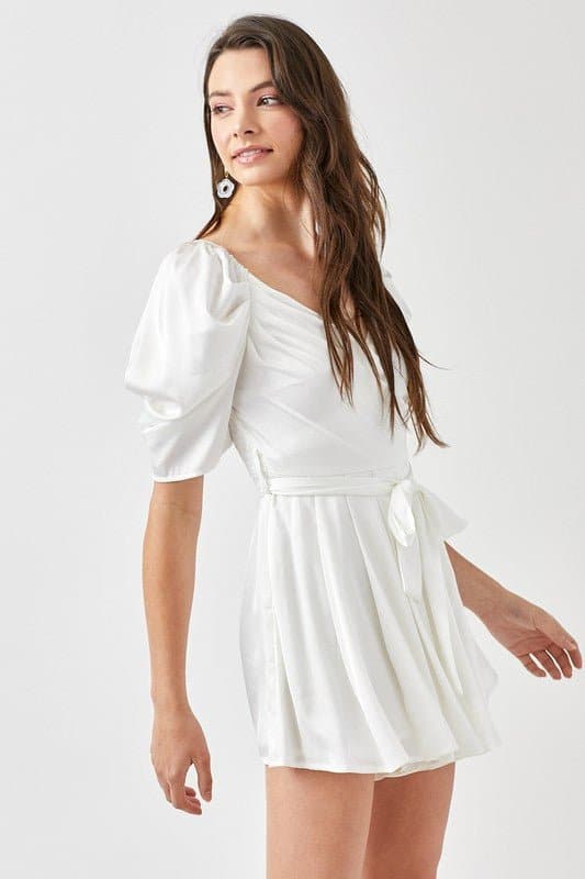 The Princess Pleated Puff Sleeve Romper - Off White - Avah Couture