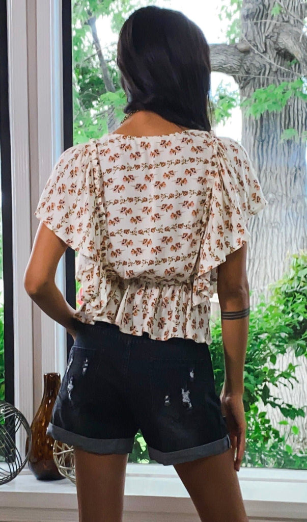 Venice Floral Print Ruffle Butterfly Sleeve Top - Avah Couture
